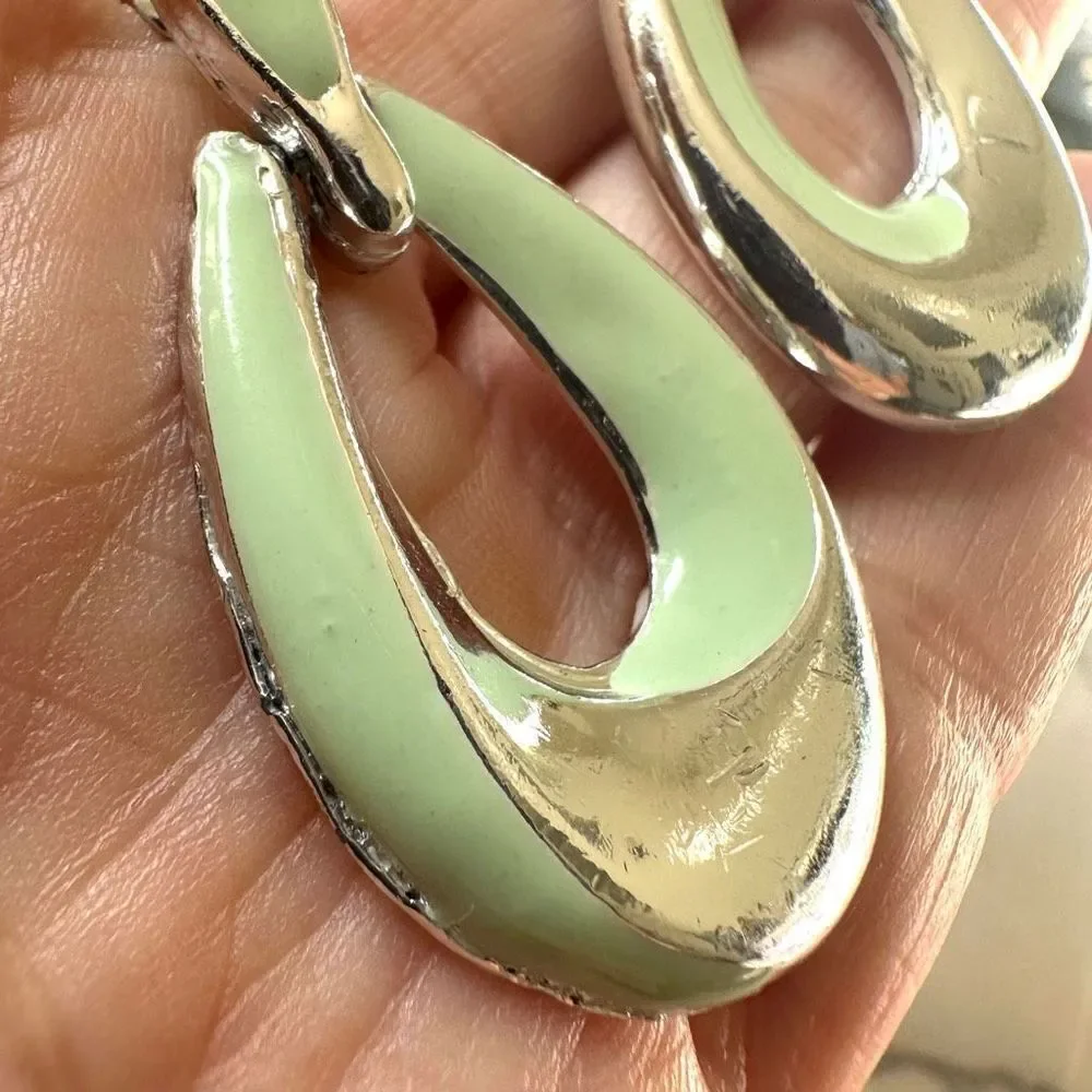 Silver and green teardrop earrings silver tone